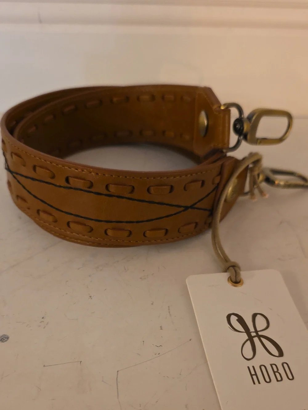 HOBO Brown Leather Embroidered Guitar Strap with Brass Hardware